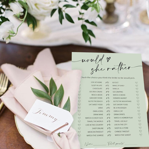 50 Whaline Sheets Sage Green Bridal Shower Game Cards Greenery Double Sided Party Game Activity Cards for Would She
