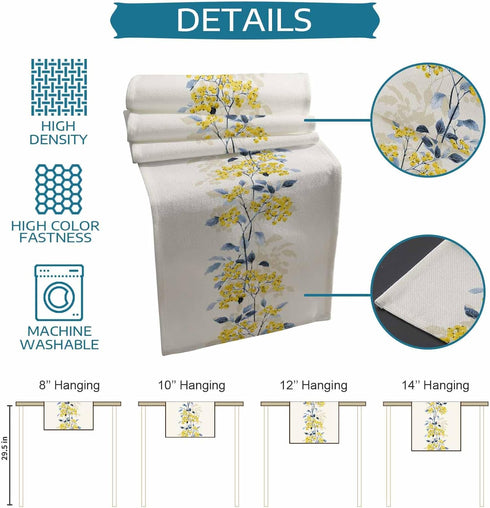 90 Inch Spring Table Runner, Summer Flower Wild Leaves Floral Holiday Dinner Party Decoration for Dining Room
