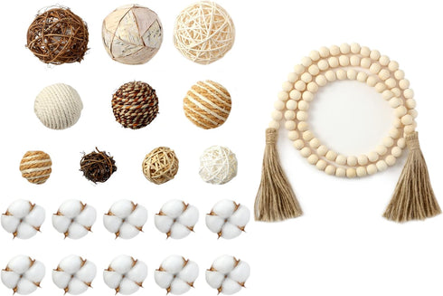 Jutom 20 Pieces Decorative Balls Set for Bowls, Assorted Decorative Filler with Wood Bead Garland