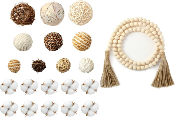 Jutom 20 Pieces Decorative Balls Set for Bowls, Assorted Decorative Filler with Wood Bead Garland