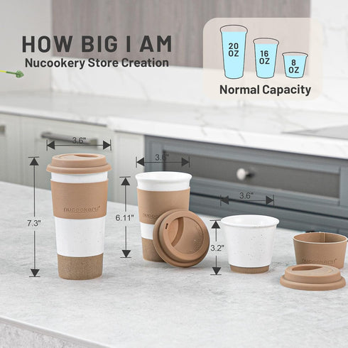 Set, Nucookery Ceramic Travel Coffee Mug Coffee Tumbler with Silicone Lid and Non-Slip Sleeve, Unique To Go Mug, Gifts