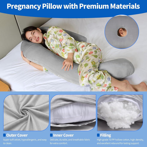 Pozico 51-Inch U-Shaped Full Body Pillow for Side Sleepers Cooling Pregnancy Pillow with Ear Piercing Design for Neck