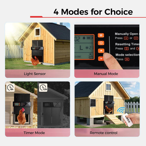 4 7W Automatic Chicken Coop Door Solar Powered, Modes Automatic Chicken Door with Timer & Light Sensor, Solar Charging