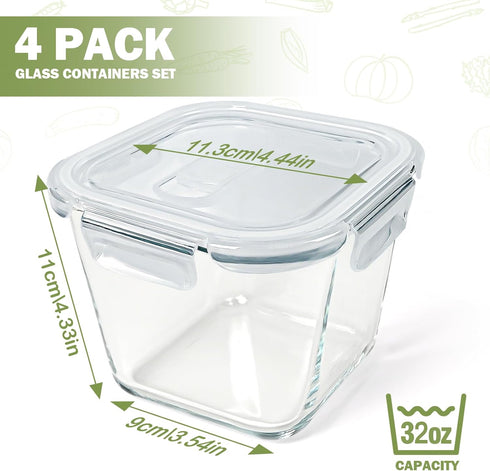 32 oz, 4 4 Pack Soup Containers with Lids Glass Cup Borosilicate Glass Food Storage Containers, Microwave & Freezer