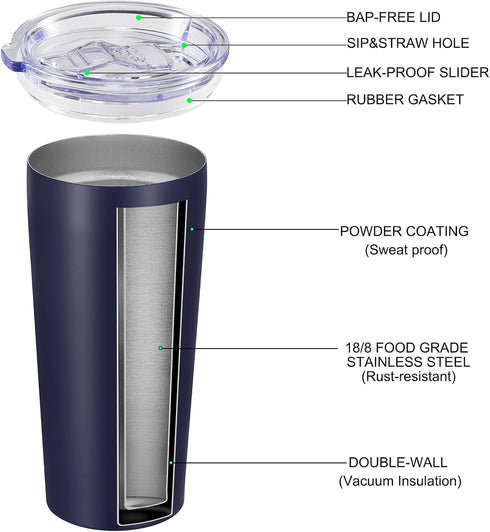 VEGOND 20oz Tumbler Bulk with Lid and Straw - Stainless Steel Vacuum Insulated Travel Mug, Navy Blue