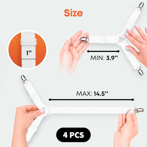 5 STARS UNITED Bed Sheet Straps Set, Adjustable Elastic Fasteners with Metal Clips, Fitted Sheet Clips (4 Pcs White)