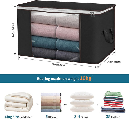 Large Storage Bags, 3 Pack Clothes Storage Bins Foldable Closet Organizers Storage Containers with Durable Handles Thick Fabric for Blanket Comforter Clothing Bedding 90L (Black) by Budding Joy