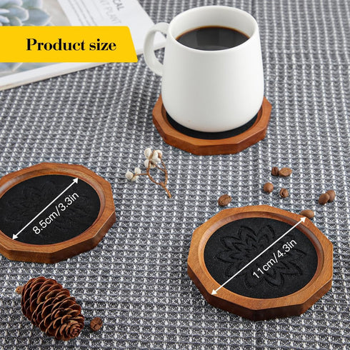 LiWiBet 4.3 Inch Set 6 Wood Coasters for Drinks Absorbent with Lip, Rustic Acacia Wood Black Felt Coaster with Holder