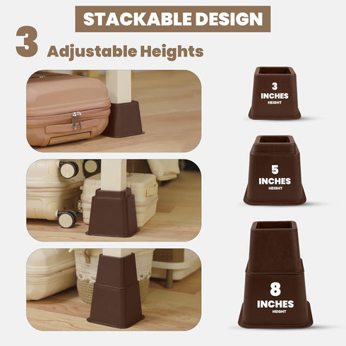 Utopia Bedding Adjustable Bed Furniture Risers - Elevation Heights 3, 5 or 8 Inch Heavy Duty Risers (Set of 8, Brown)