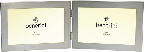 Twin 2 Picture Horizontal Double Folding Photo Frame - Brushed Aluminium Satin Silver - Takes 2 Photos of 6 x 4 inches