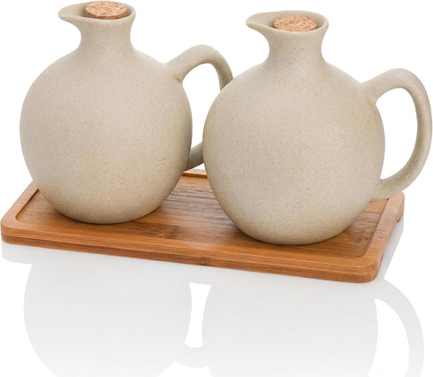 Elsjoy Set of 2 Ceramic Oil Vinegar Dispenser with Cork and Tray,
