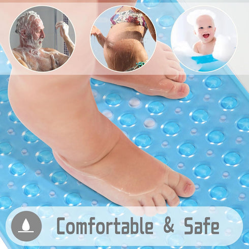 Yimobra Non Slip Bathtub Mat - 40 x 16 Inch, Extra Long Shower Mat with Drain Holes, Clear Blue