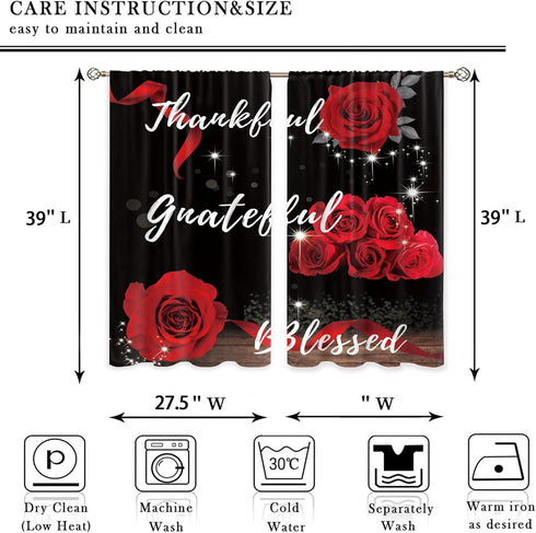 Red Rose Flower Small Kitchen Curtains Floral Inspirational Quotes Window Treatment Black Red Valentine Cafe Short Curtains for Bathroom Dining Laundry Room Tier Treatment Drapes 27.5x39 inch