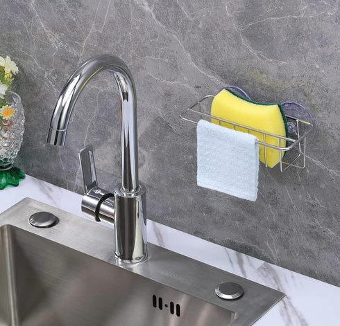 Sink Caddy Sponge Holder for Kitchen Sink, SUS304 Stainless Steel, 2 Suspension Options, Silver