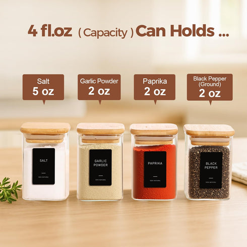 4oz 16 Pack, 54 ComSaf Spice Jars with Label Glass Spice Jars with Bamboo Lid, Small Seasoning Containers with Black