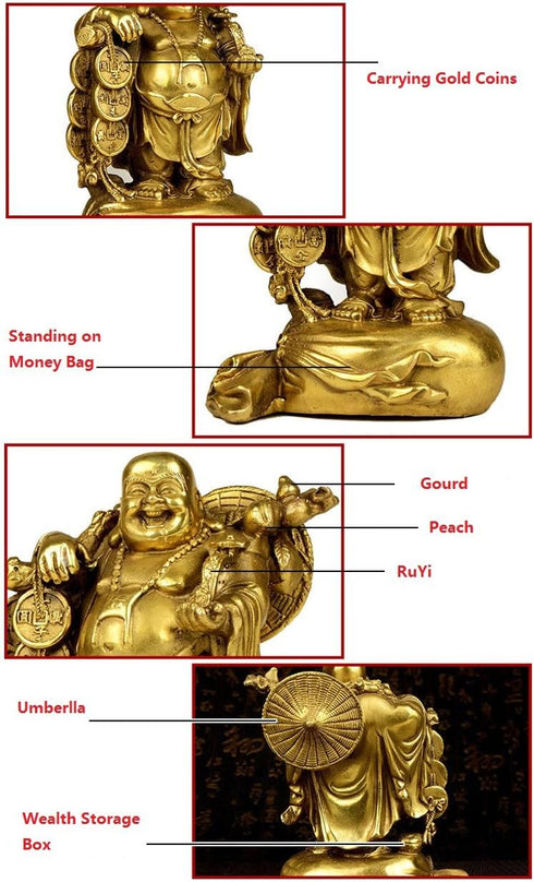 Fengshui Statue Buddha, Brass Laughing Buddha Carrying Bag, God of Wealth Figurines