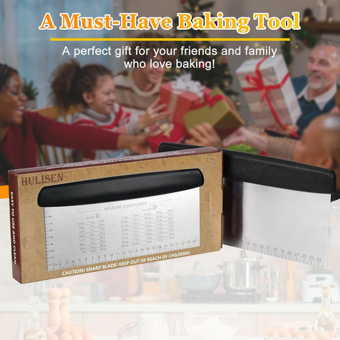 HULISEN Large Bench Scraper for Baking - 10 inch Dough Pastry Scraper with Measuring Scale, Stainless Steel Cake Scraper