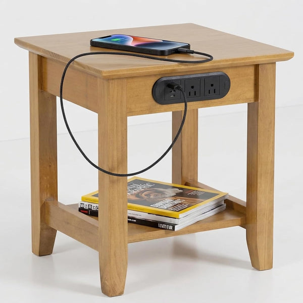 KAWIND Home Light Walnut Solid Wood End Table with Charging Station Compact