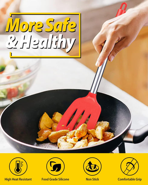 Pack of 2 Silicone Solid Turner, Non Stick Slotted Kitchen Spatulas, High Heat Resistant BPA Free (Red)
