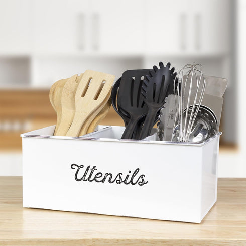 AuldHome Large Enamelware Utensil Holder, White Farmhouse Cooking Caddy or Spoons/Forks/Knives Storage for Countertop and Table by AuldHome Design