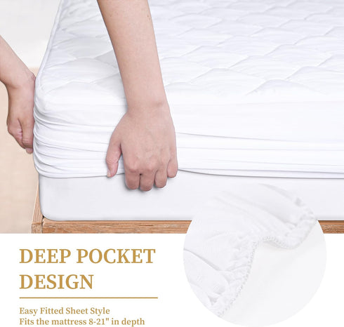 Full Quilted Fitted Waterproof Mattress Pad, Breathable Soft Filling Protector, 8-21 Inches Deep Pocket