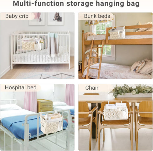 Mkono Boho Macrame Bedside Caddy Hanging Organizer, 4 Pockets for Remote, Magazine, Accessories, Fixed Straps and Hooks