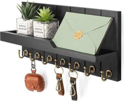 Rebee Vision Decorative Key and Mail Holder for Wall - Farmhouse 15 Inches Floating Shelf with 7 Key Hooks