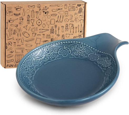 Ceramic Spoon Holder, Large Lace Embossed Spoon Rest for Kitchen Countertop, 5.5inch Utensil Tray (Grayish Blue)