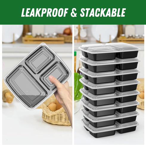50 Pack (100-Piece) 32 oz 3-Compartment, Meal Prep Containers Reusable with Lids To Go Take Out Plastic Food Storage