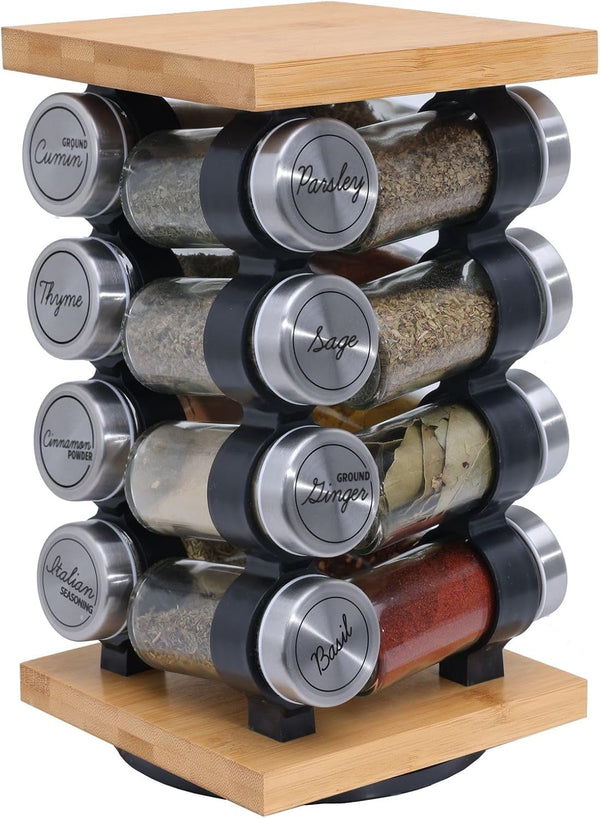 Orii 16 Jar Rotating Bamboo Spice Rack with Spices Included & 5-Year