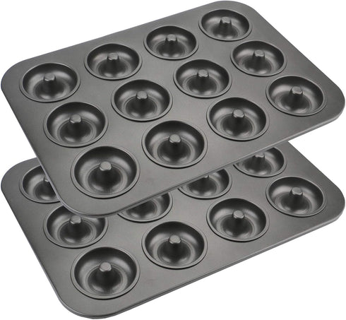 Lawei 2 Pack 12-Cavity Non-stick Donut Pan, Carbon Steel for Muffins, Cakes, and Mini Bagels