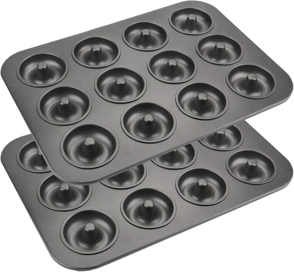Lawei 2 Pack 12-Cavity Non-stick Donut Pan, Carbon Steel for Muffins, Cakes, and Mini Bagels