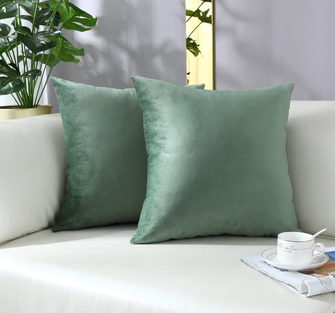 mixeoo Decorative Square Throw Pillow Covers, Set of 2, 18 x 18 Inch, Comfy Thick Velvet Couch Cushion Cases, Sage Green