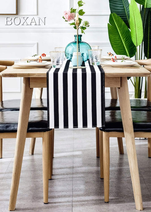 BOXAN Classic Black and White Striped Table Runner - 12'' X 48'' Elegant Cotton Canvas Decor for Wedding Party