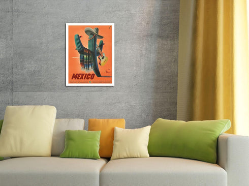 Mexico - Señor Cactus wearing Sombrero, Serape and Guitar, Vintage Travel Poster by Espert c.1945, 9in x 12in