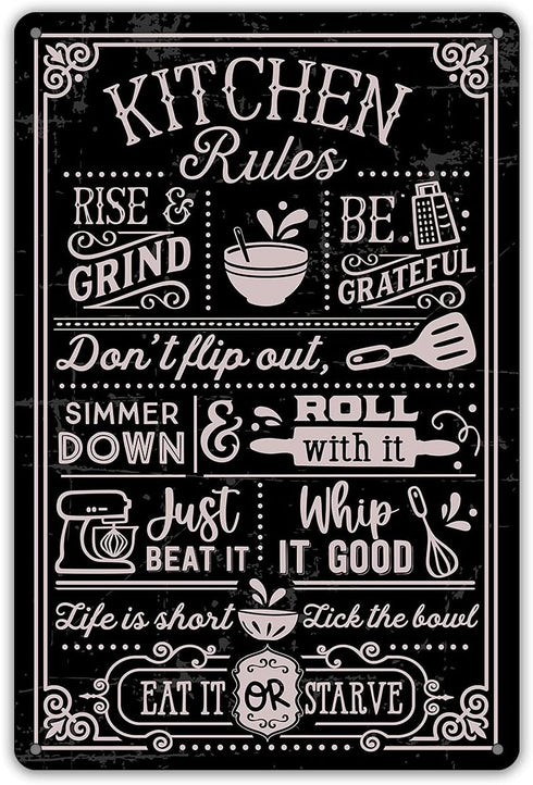 QIONGQI Funny Kitchen Quote Metal Tin Sign, Wall Decor Kitchen Rules Sign for Home Kitchen Coffee Shop Gifts