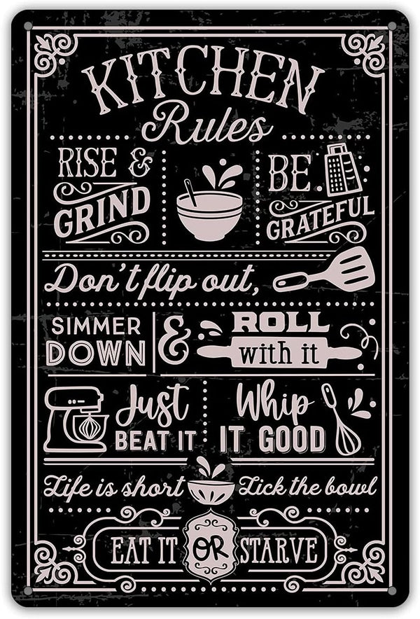 QIONGQI Funny Kitchen Quote Metal Tin Sign, Wall Decor Kitchen Rules Sign for Home Kitchen Coffee Shop Gifts