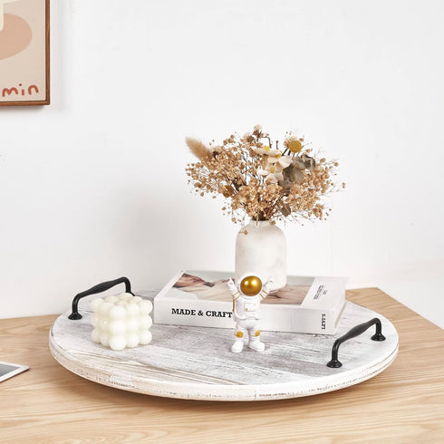 Wooden Lazy Susan, 18 Inch Large Turntable Organizer, Whitewashed Wood Serving Tray for Kitchen Essentials Storage
