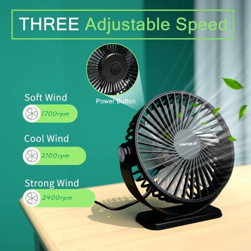 TriPole USB Powered Desk Fan 2 Pack, Black Small Portable Fan with 3 Speeds and 360° Rotation for Travel