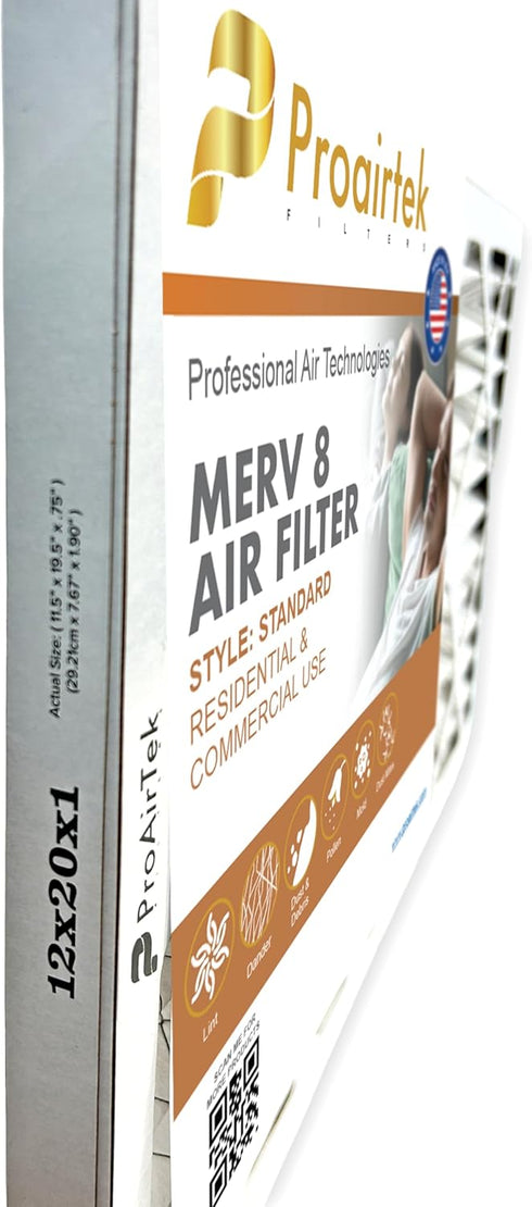 Proairtek AF12201M08SWH Model 12x20x1 Air Filter, MERV 8; Ideal for Anyone Wanting Clean, Crisp Air in Their Home; It Captures Microscopic Airborne Particles Without Impacting Air Flow