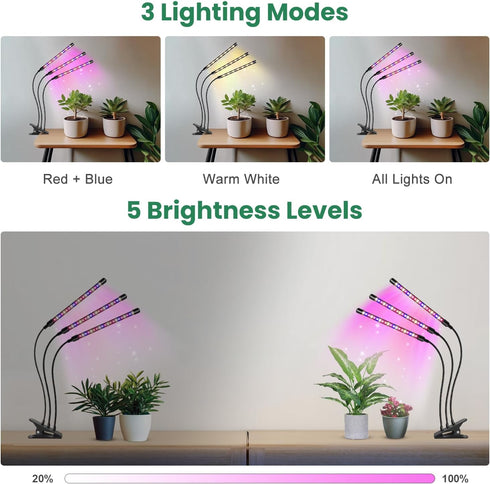 2PCS 3 120 3 6/12/16H 5 Dimmable Garpsen Led Grow Light, Heads Full Spectrum Clip Plant Light for Indoor Plants, LEDs