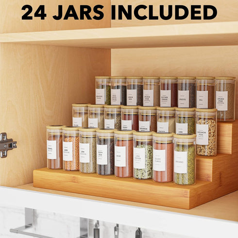SpaceAid Spice Jars - 24 Pcs with Bamboo Lids and Labels, 4oz Glass Bottles for Spice Rack, Cabinet, and Drawer