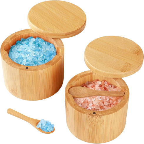 Timtopno Bamboo Salt Cellar, 2 PCS Salt Container with Built-in Spoon, Salt