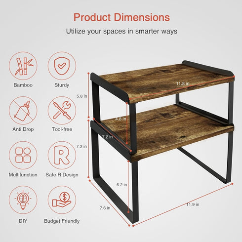Goozii Set 4 Kitchen Cabinet Organizers and Storage Shelves, Rustic Farmhouse Desk Shelf Riser for Cabinets, Black