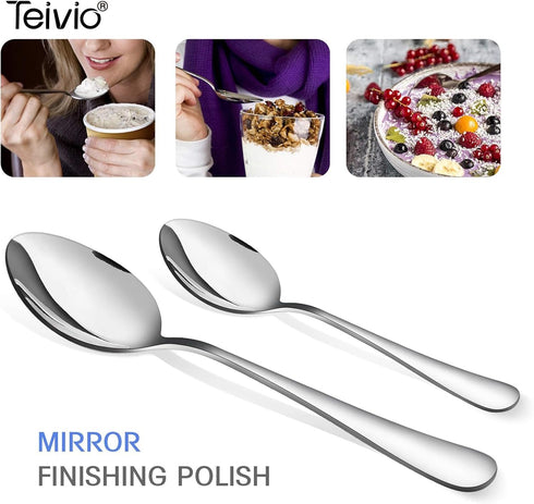 Teivio Stainless Steel Serving Utensils Set - Large 9-10" Spoons, 10" Slotted Spoons, 9" Tongs (Silver)