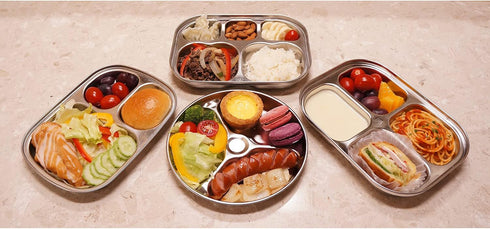Korean Stainless Steel Divided Plates, Kids Tray, BPA Free 3 Compartment Plate, Set of 2 Silver