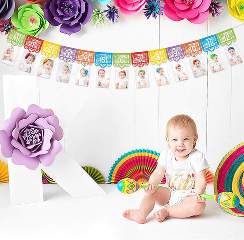 Kitticcino 1st Birthday Photo Banner, Papel Picado Mexican Fiesta Monthly Garland, Baby Newborn to 12 Months, Cino de