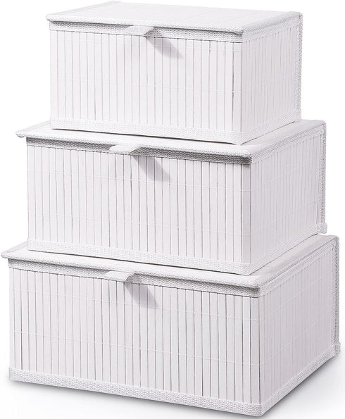 Honygebia Bamboo Decorative Storage Boxes, Set of 3 Woven Lined Baskets with Lids for Home Kitchen Organizer Decor
