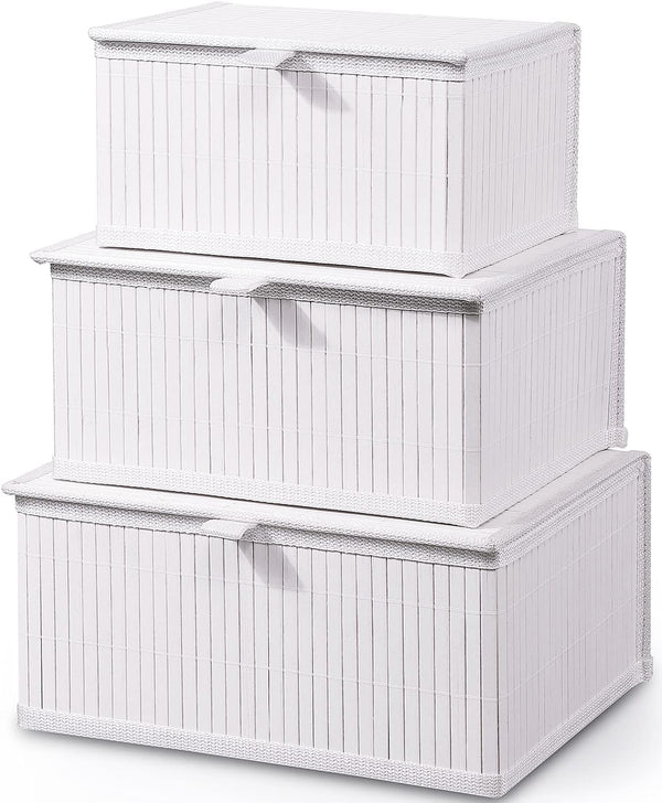 Honygebia Bamboo Decorative Storage Boxes, Set of 3 Woven Lined Baskets with Lids for Home Kitchen Organizer Decor