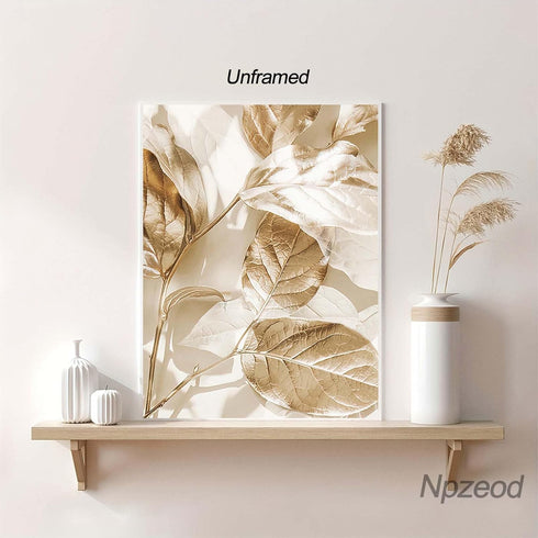 Abstract Golden White Flower Leaves Wall Art Posters, Modern Plant Landscape Canvas Prints for Living Room Decor
